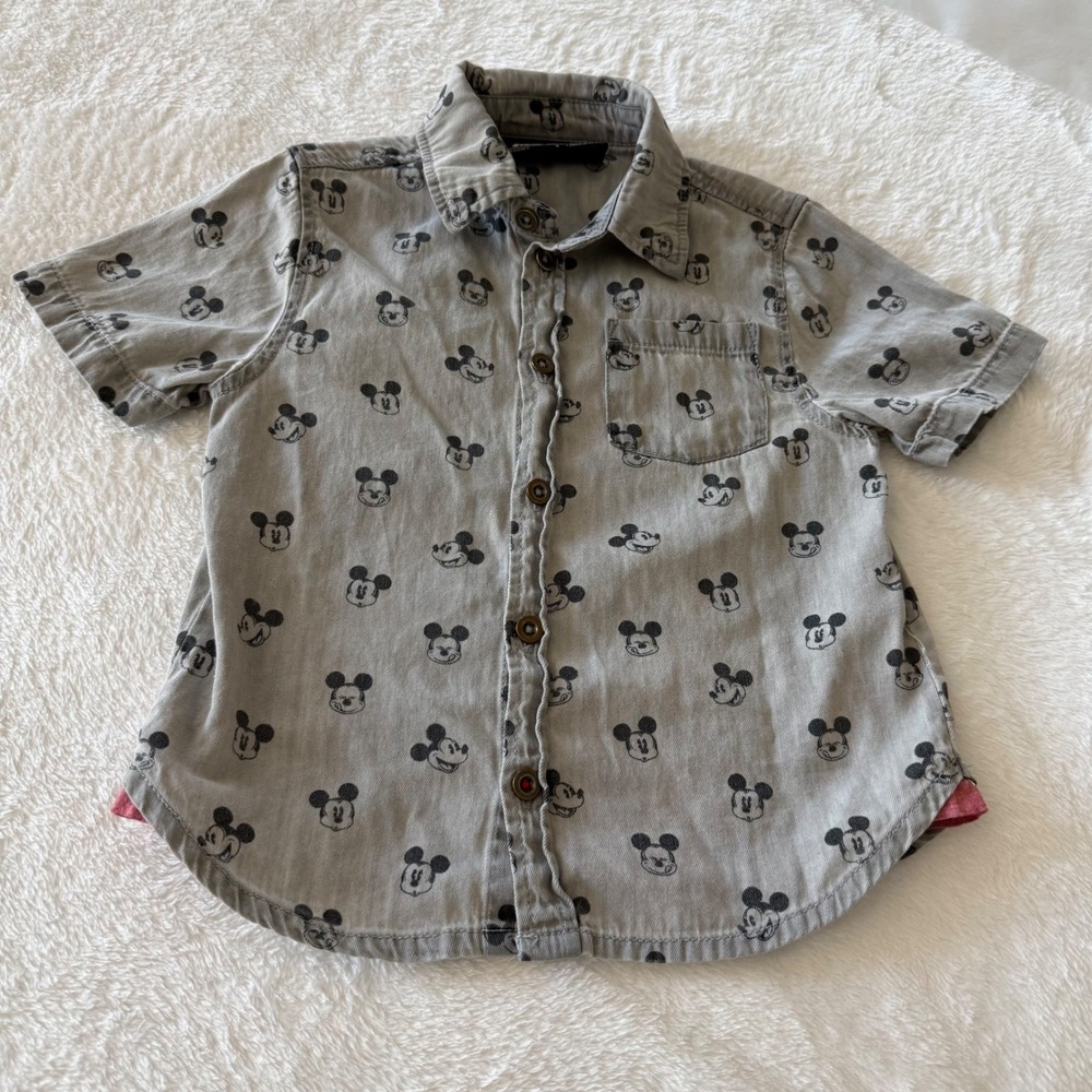 Kids Disney Mickey Mouse Gray Short Sleeve Button Up Shirt Sz 4 classic Mickey - Picture 1 of 7